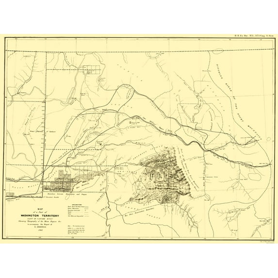 Historic State Map - Washington Territory East Cascade Mountains - Bien 1862 - 23 x 30 - Vintage Wall Art