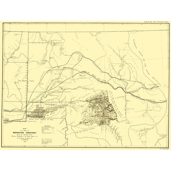 Historic State Map - Washington Territory East Cascade Mountains - Bien 1862 - 23 x 30 - Vintage Wall Art