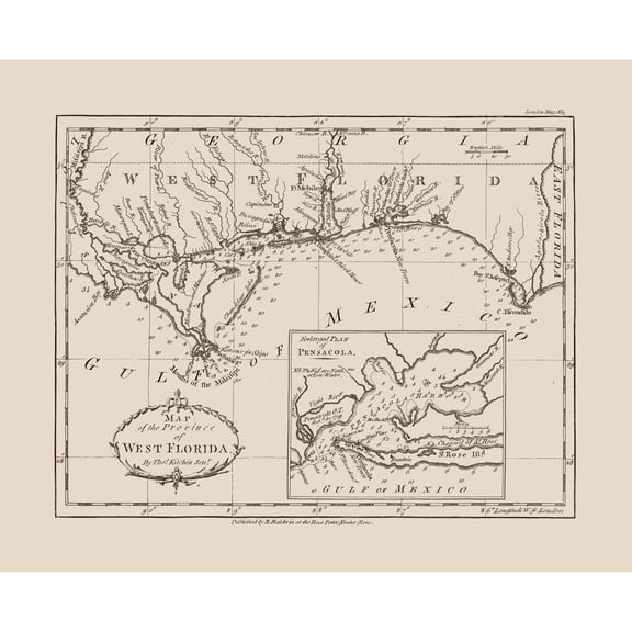 Historic State Map - West Florida - Kitchin 1781 - 28.39 x 23 - Vintage Wall Art