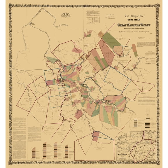Historic State Map - West Virginia Kanawha Valley - Colton 1867 - 23 x 24 - Vintage Wall Art