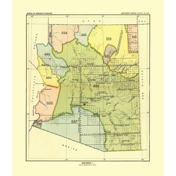 Historic State Map - Western Arizona - Hoen 1896 - Vintage Wall Art