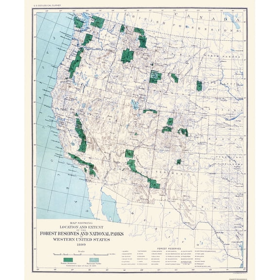 Historic State Map - Western Forest Reserves National Parks 1899 - 23 x 27 - Vintage Wall Art