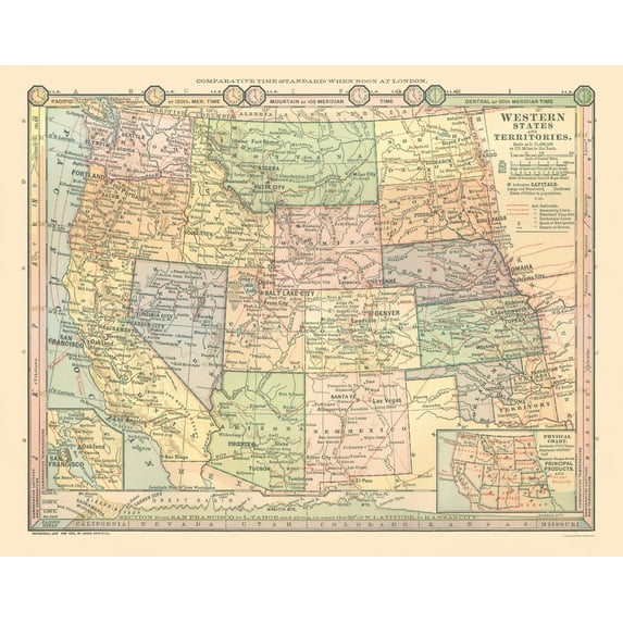 Historic State Map - Western States - Monteith 1882 - Vintage Wall Art