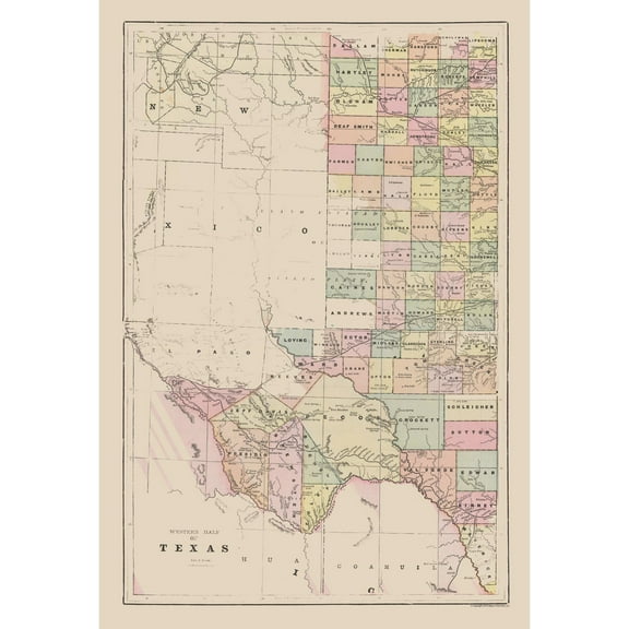 Historic State Map - Western Texas - Cram 1892 - 23 x 33.58 - Vintage Wall Art