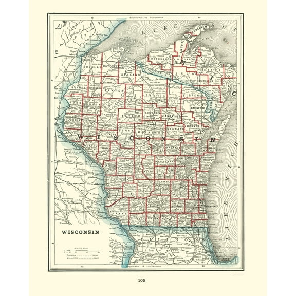 Historic State Map - Wisconsin - Rathbun 1893 - Vintage Wall Art