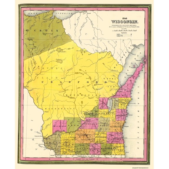 Historic State Map - Wisconsin Territory - Mitchell 1846 - Vintage Wall Art
