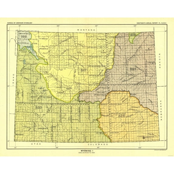 Historic State Map - Wyoming - Yellowstone National Park - Hoen 1896 - Vintage Wall Art