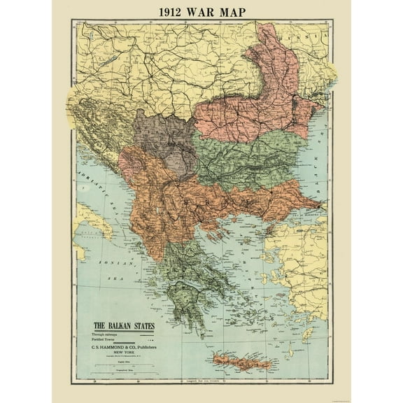 Historic War Map - Balkan States War - Hammond 1912 - 23 x 30.96 - Vintage Wall Art