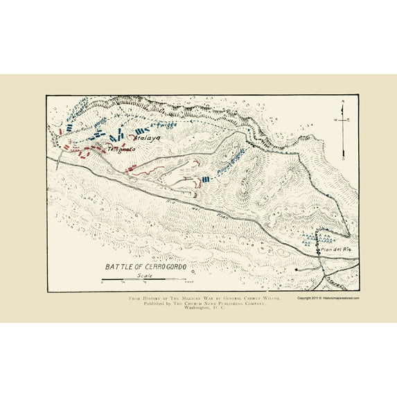 Historic War Map - Cerro Gordo Battle Mexican American War - Church News 1892 - Vintage Wall Art