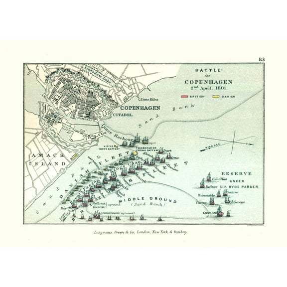 Historic War Map - Denmark Battle Copenhagen 1801- Gardiner 1902 - 31.62 x 23 - Vintage Wall Art
