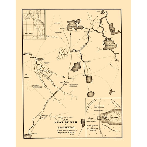 Historic War Map - Florida Seminole Wars- Florida East Coast 1836  - Vintage Wall Art