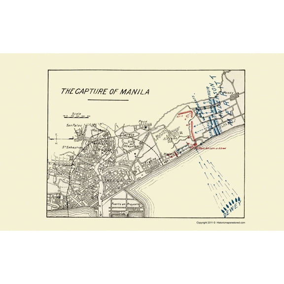 Historic War Map - Manila Philippines Capture - Dewey 1898 - 23 x 36.72 - Vintage Wall Art