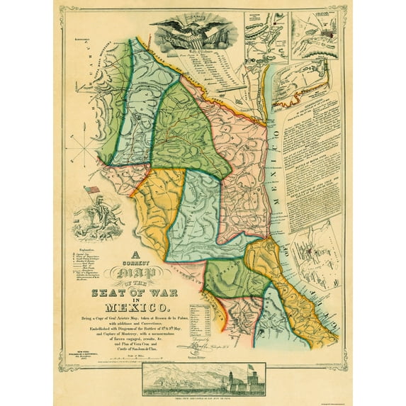 Historic War Map - Mexico War Seat- Disturnell 1847 - Vintage Wall Art