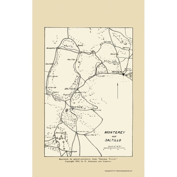 Historic War Map - Monterey Saltillo General Taylor - Appleton 1892 - Vintage Wall Art