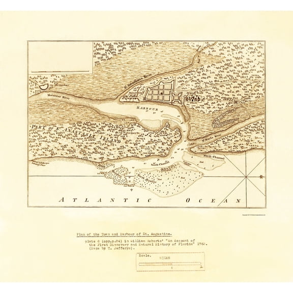 Historic War Map - St Augustine Harbour - Jefferys 1763 - Vintage Wall Art