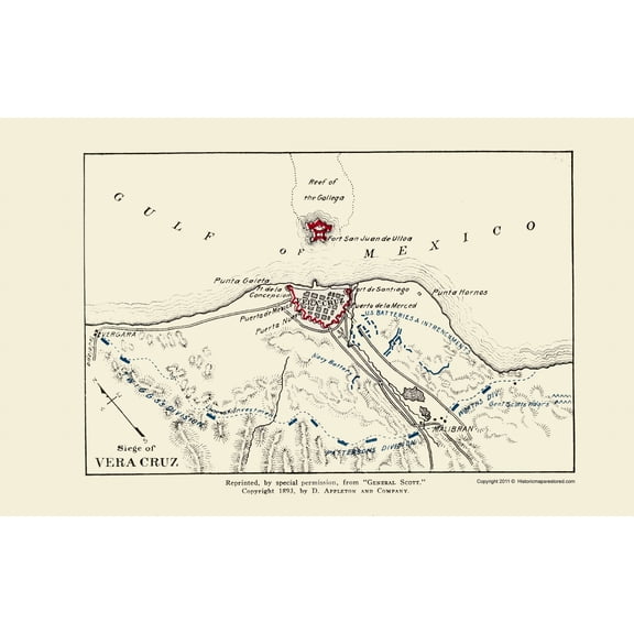Historic War Map - Vera Cruz General Scott Siege - Appleton 1893 - Vintage Wall Art