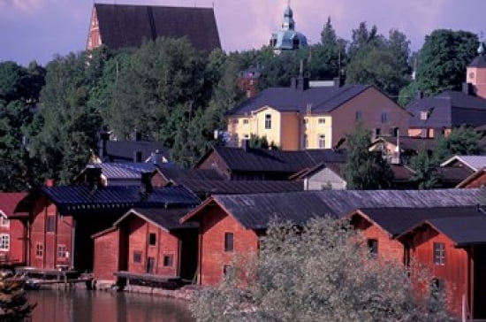Historic Warehouses on Porvoo River Canvas Art - Nik Wheeler DanitaDelimont (27 x 18)