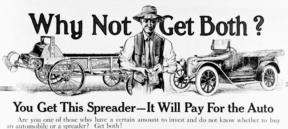 Historic advertisement with illustration of farmer holding money next to automobile and spreader saying Why not get both from early 20th century Canvas Art - Remsberg Inc Design Pics (44 x 20)