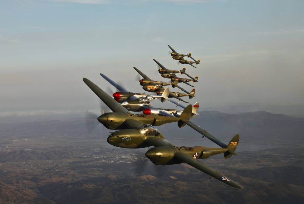 Historic flight of five Lockheed P-38 Lightnings Canvas Art - Scott GermainStocktrek Images (18 x 12)