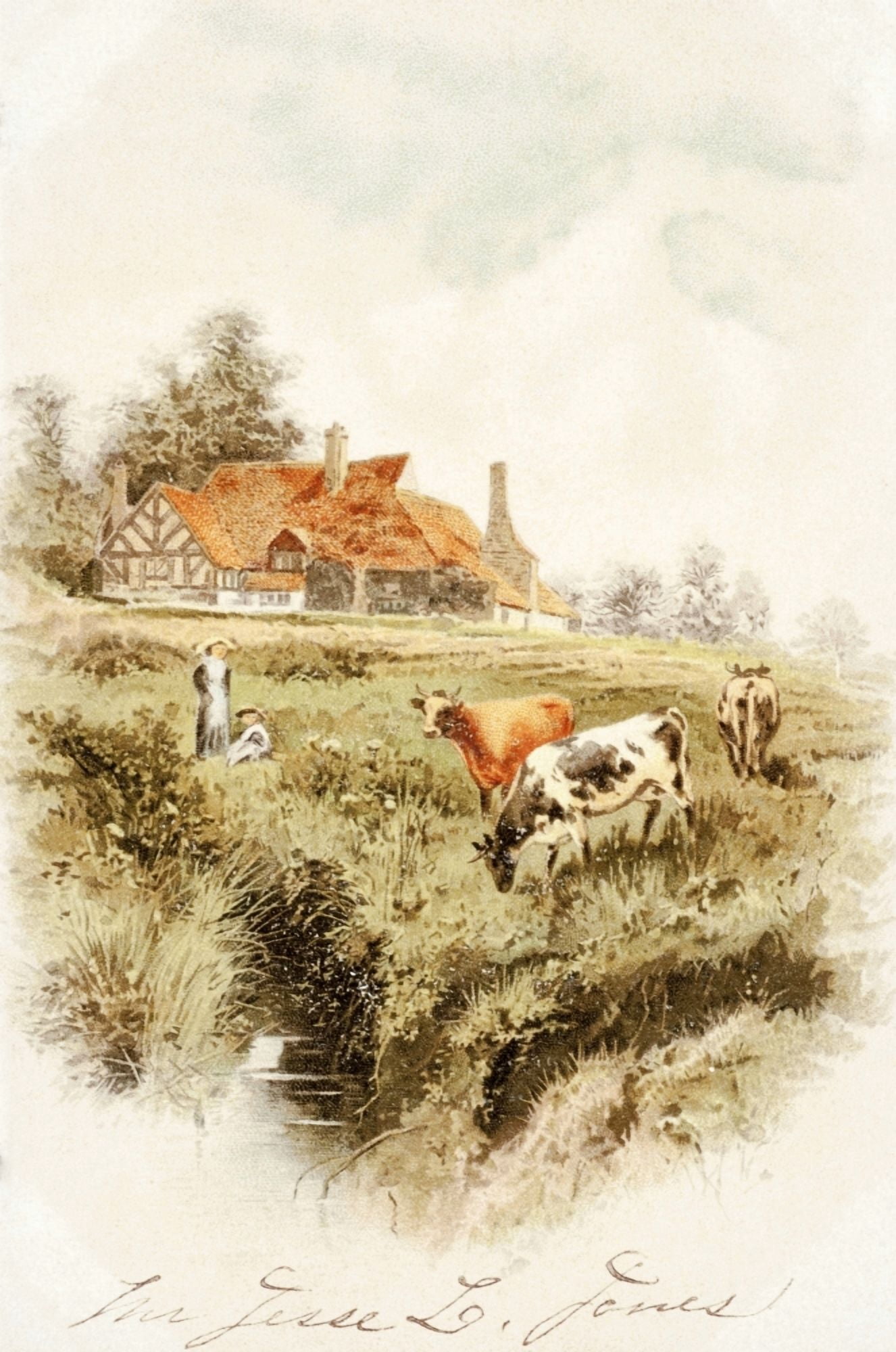 Historic greeting card with illustration of cows and people on farm from 19th century Canvas Art - Remsberg Inc Design Pics (24 x 38)