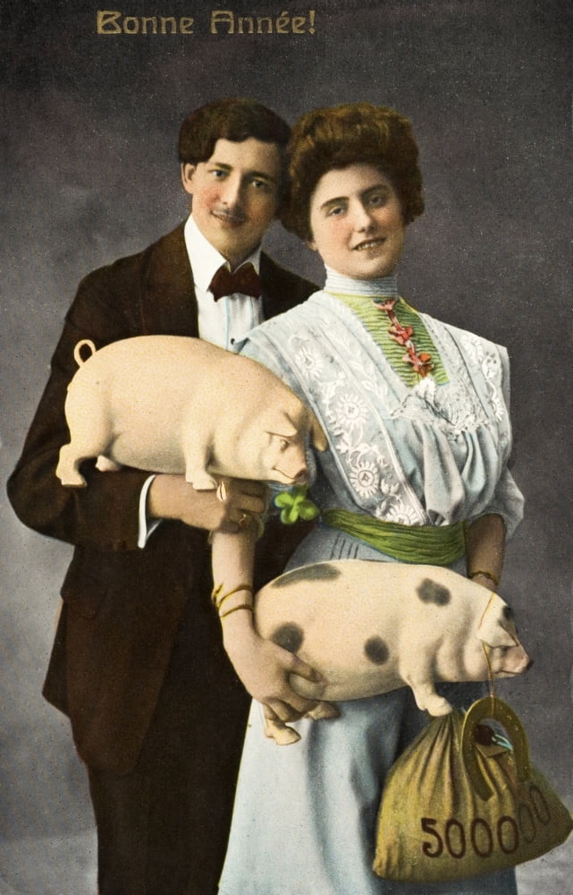 Historic illustration of couple holding pigs and bag of money with text Bonne Anneefrom 19th century Canvas Art - Remsberg Inc Design Pics (12 x 19)