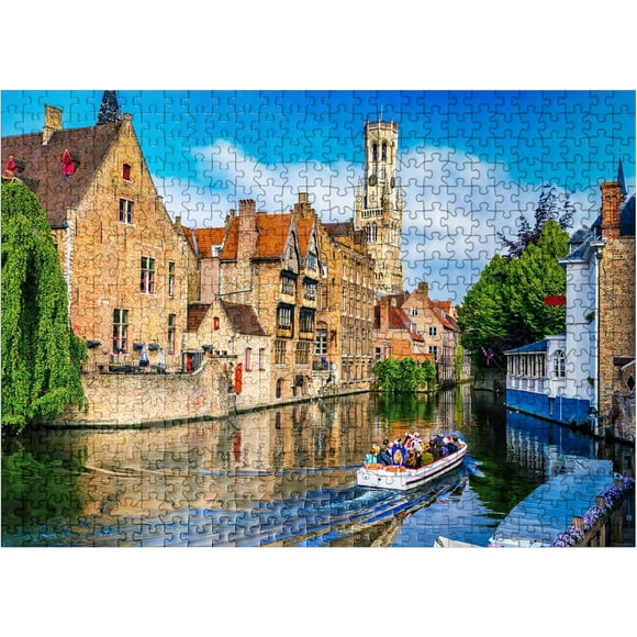 Historical City Center with Canal in Bruges, West Flanders, Belgium - Premium 500 Piece Jigsaw Puzzle for Adults