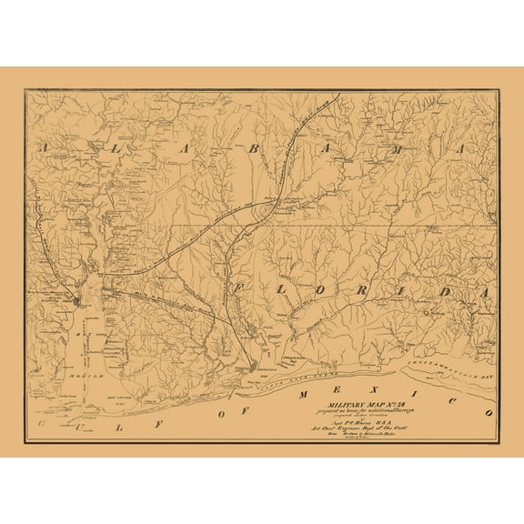 Historical Civil War Map - Alabama South Florida West Military - Hains 1864 - Vintage Wall Art
