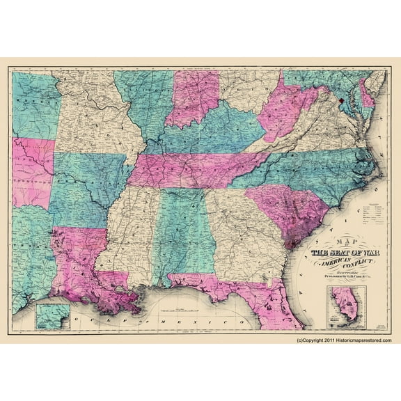 Historical Civil War Map - American Conflict Theatre- Case 1865 - 23 x 32.14 - Vintage Wall Art