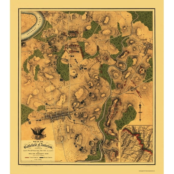 Historical Civil War Map - Antietam Pennsylvania Battlefield - Willcox 1862 - 23 x 26 - Vintage Wall Art
