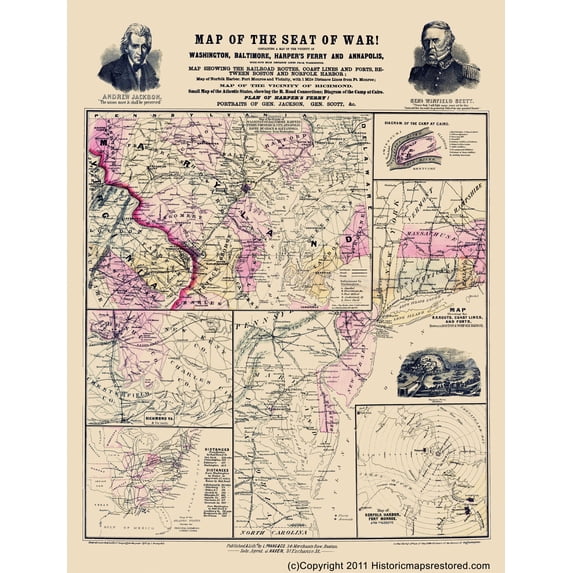 Historical Civil War Map - Atlantic Coast Theatre - Prang 1861 - Vintage Wall Art