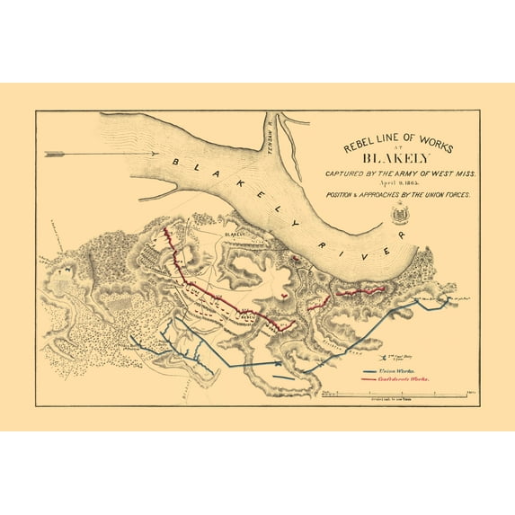 Historical Civil War Map - Blakely Alabama Battle - US Army Corps 1865 - 23 x 33.92 - Vintage Wall Art