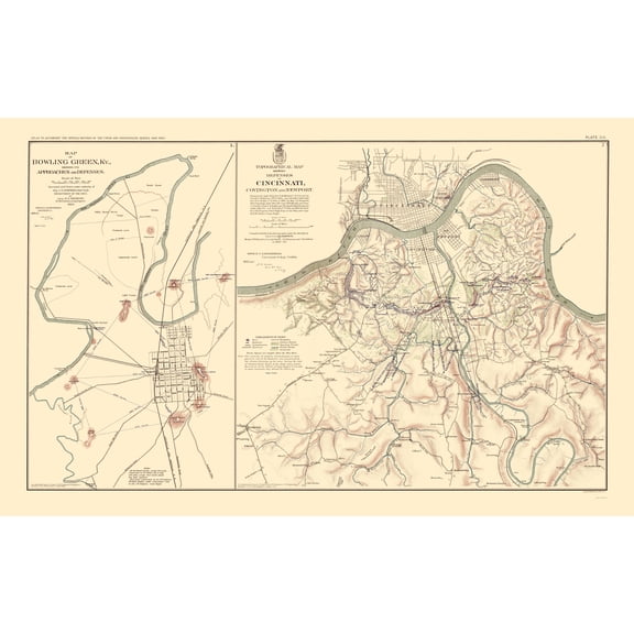 Historical Civil War Map - Bowling Green Cincinnati Defenses Approaches - Simpson 1895 - 23 x 36.55 - Vintage Wall Art