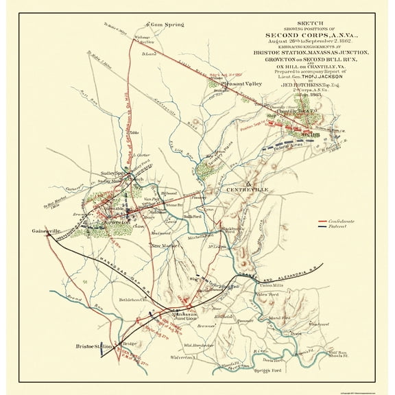 Historical Civil War Map - Bristoe Station Manassas Junction Second Corps - Hotchkiss 1863