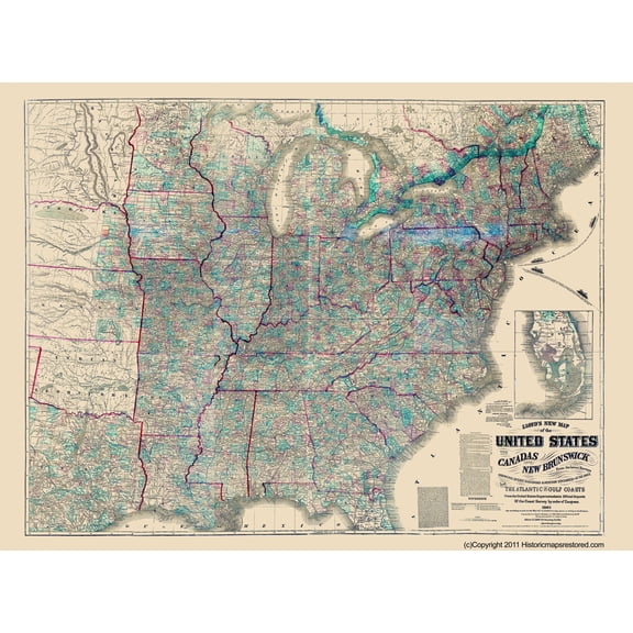Historical Civil War Map - Canada New Brunswick  Atlantic Gulf Coasts - Lloyd 1863 - 23 x 31.05 - Vintage Wall Art