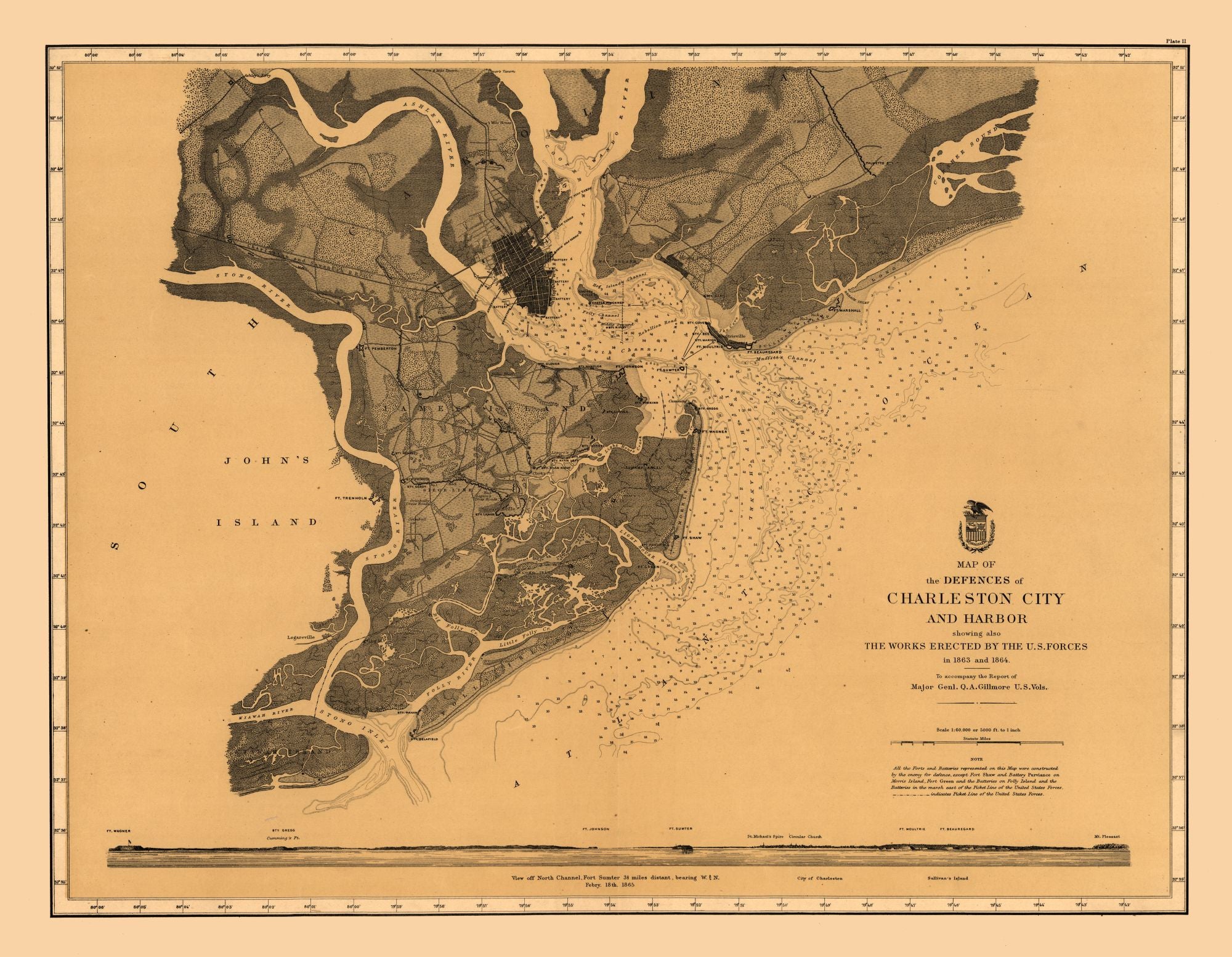 Historical Civil War Map Charleston Defenses US Army 1860 29.61 x