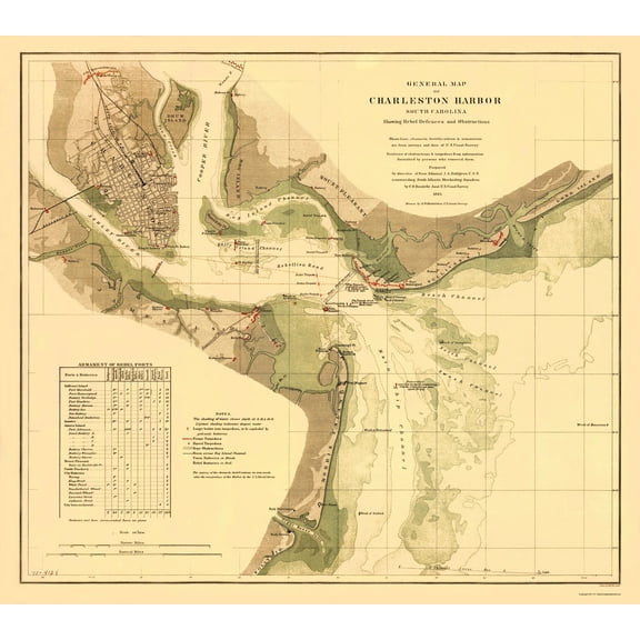 Historical Civil War Map - Charleston Harbor South Carolina - Krebs 1865 - 23 x 25 - Vintage Wall Art