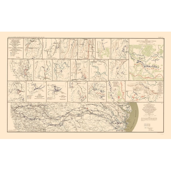 Historical Civil War Map - Chattanooga Atlanta Savannah Campaign - Bien 1895 - Vintage Wall Art