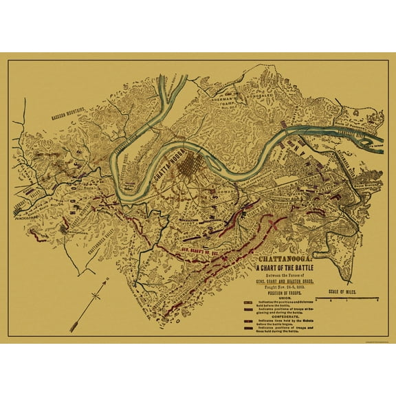 Historical Civil War Map - Chattanooga Tennessee Battle Chart - Sneden 1863 - 31.25 x 23 - Vintage Wall Art