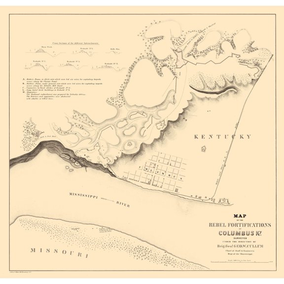 Historical Civil War Map - Columbus Kentucky Fortifications - Cullum 1862 - 23.96 x 23 - Vintage Wall Art