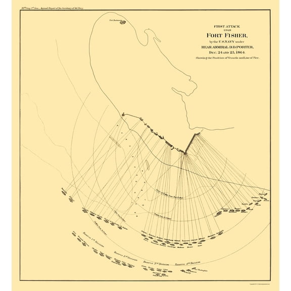 Historical Civil War Map - Fort Fisher North Carolina First Attack - Porter 1865 - 23 x 24.95 - Vintage Wall Art
