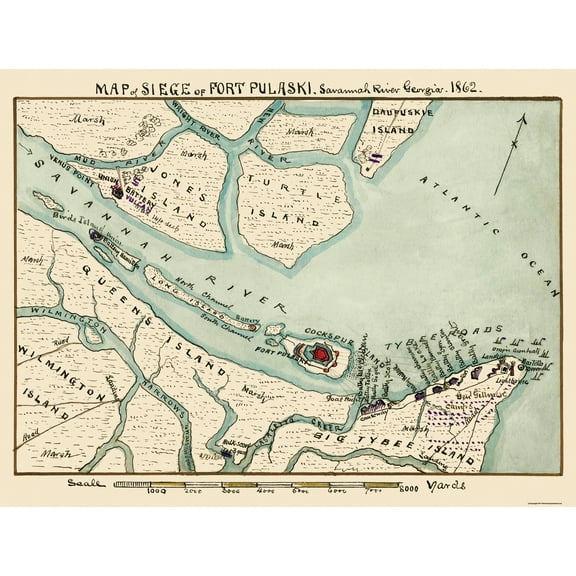 Historical Civil War Map - Fort Pulaski Savannah River Georgia Siege - Sneden 1862 - 30.25 x 23 - Vintage Wall Art