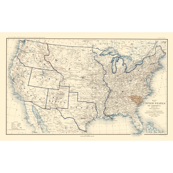Historical Civil War Map - Geographical Divisions Departments December 1860 - Bien 1895