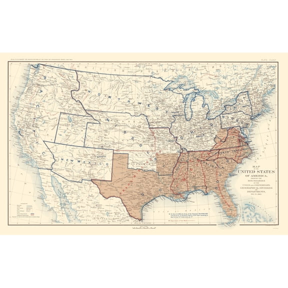Historical Civil War Map - Geographical Divisions Departments December 1862 - Bien 1895