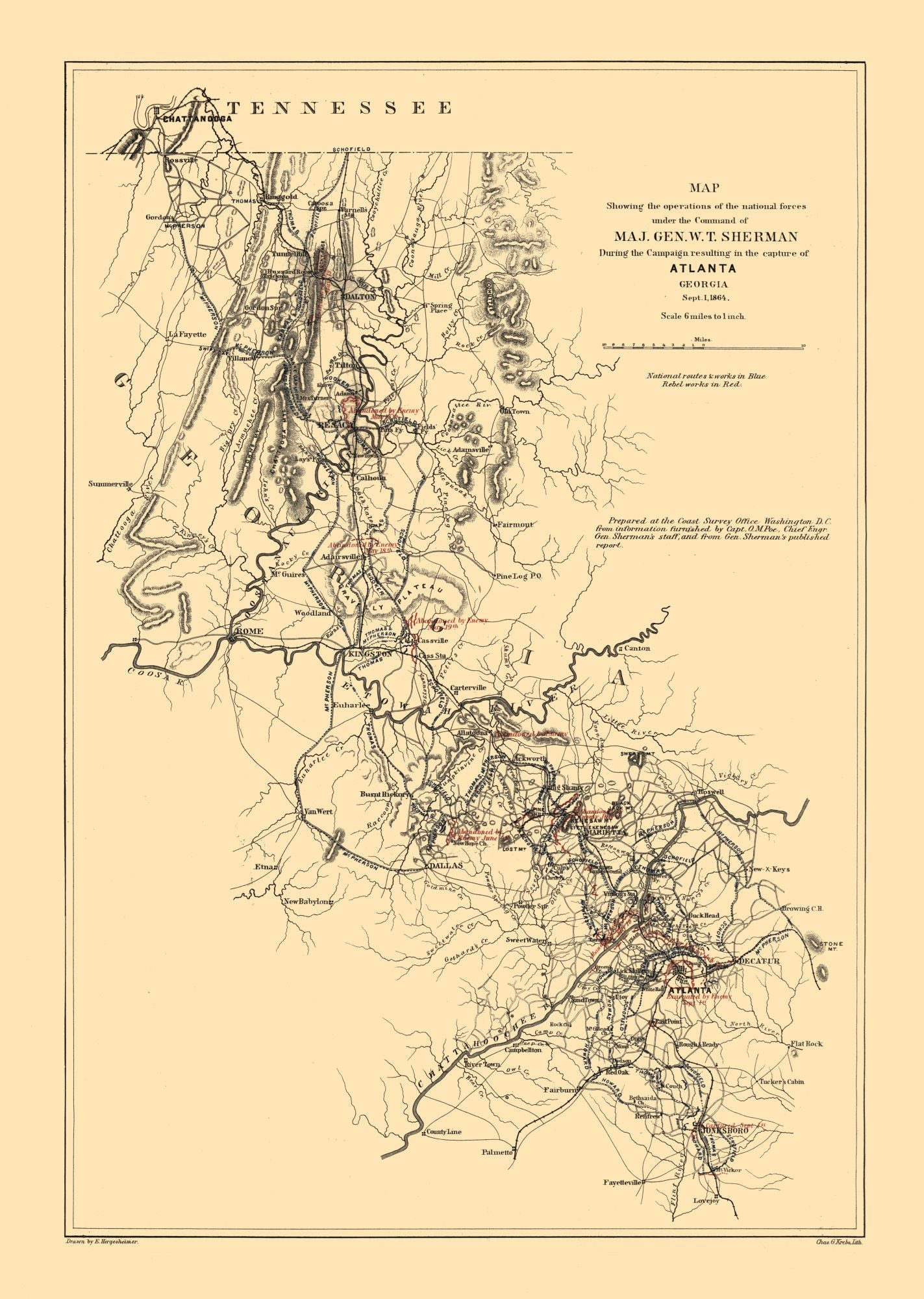 Historical Civil War Map Sherman Campaign Hergesheimer 1864