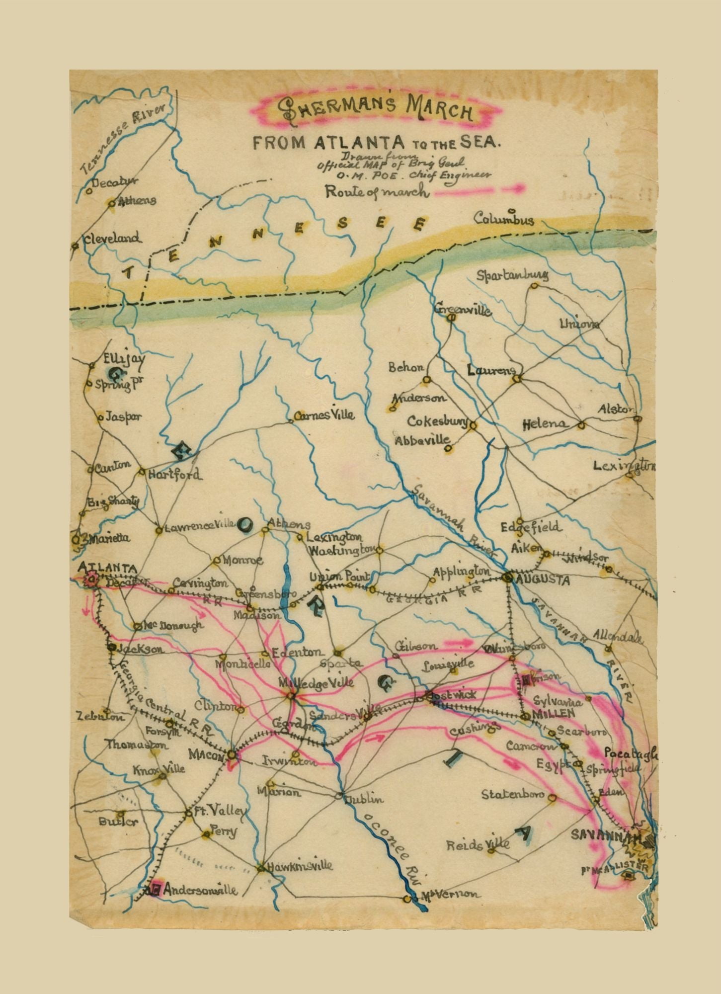 Historical Civil War Map Shermans March Poe 1864 23 x 31.