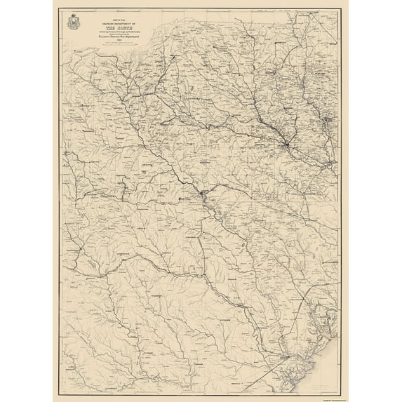 Historical Civil War Map - Georgia South Carolina Southern Military Deptt - US Army Corps 1865