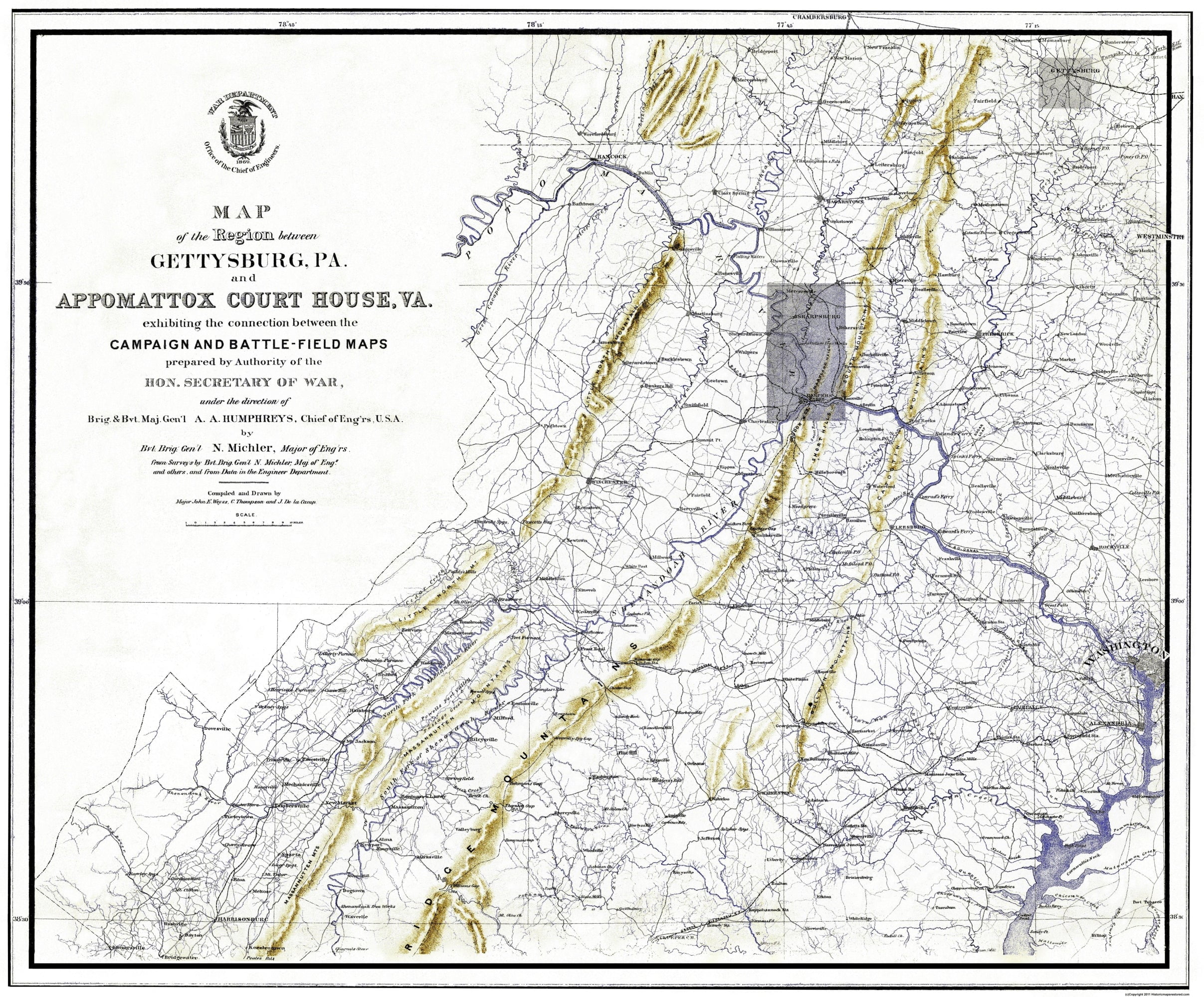 Historical Civil War Map - Gettysburg Pennsylvania Appomattox Court ...