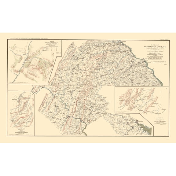 Historical Civil War Map -  Gettysburg Route Map - Hotchkiss 1895 - Vintage Wall Art