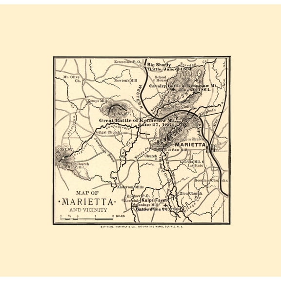 Historical Civil War Map - Marietta Georgia Vicinity Battles - Northrup 1864 - 23.71 x 23 - Vintage Wall Art