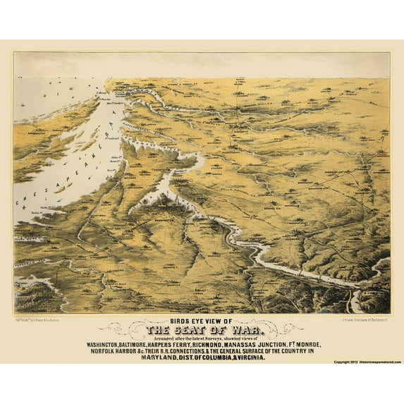 Historical Civil War Map - Maryland Virginia Washington DC Theatre - Prang 1860 - Vintage Wall Art